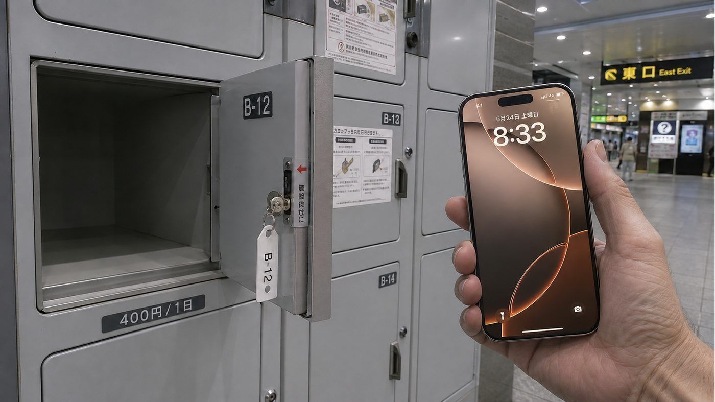 金沢駅東口のコインロッカーB-12と、中にあったスマートフォン